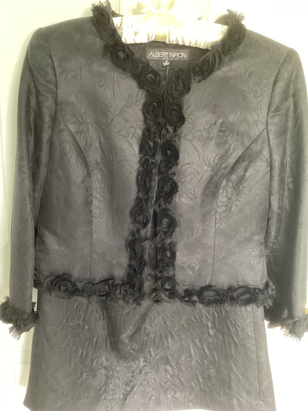 Albert Nipon Black Floral Jacquard Blazer with Rosette Trim Suit with skirt